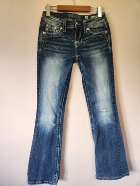 Miss Me Chloe Bootcut Jeans 26 Y2K Floral Crystal Embellished Thick Stitching